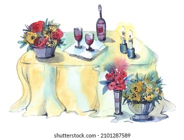Wedding table with flowers. Watercolor painting, sketching