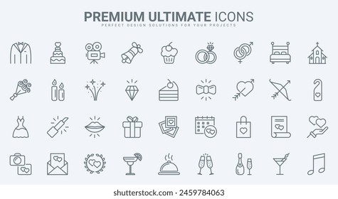 Wedding thin line icons set illustration. Outline love, passion and hearts symbols of marriage, rings with diamond gift, wedding cake and champagne, dress of bride and groom, bouquet decoration - Powered by Shutterstock