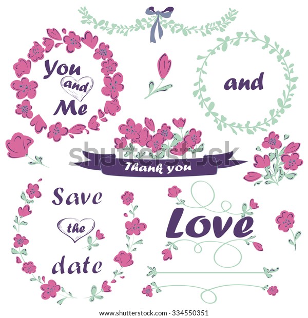Wedding and Valentines Day romantic\
collection of  hand drawn flowers and floral borders. Laurel,\
wreath and ribbon isolated on white\
background.
