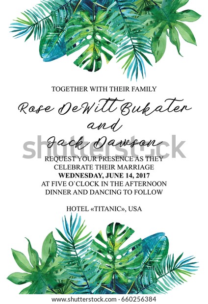 Wedding Vertical Invitation Handpainted Green Tropical Stock ...