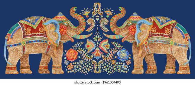 Wedding vintage greeting, invitation, Valentine card with Watercolor painted fantasy ornate elephants, decorative flowers bouquet with golden contour on a dark blue background