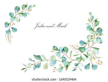 Wedding Watercolor eucalyptus design template. Rustic greenery. Mint, blue tones. Watercolor style collection. Tropical floral. Hand painted border with branches and leaves of silver dollar eucalyptus