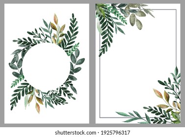 Wedding Watercolor Hand Drawing Greenery Posters. Floral Green Invitation Cards With Rustic Garden Branches And Leaves. Trendy Garden Borders In Frame And Circle On White Background