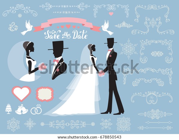 Wedding winter decoration set.Bride,groom Flat\
silhouette,portrait.Bridal dress,christmas swirling borders,\
ribbon,icons,label.Retro Invitation Design template.Vintage\
,simple, fashion