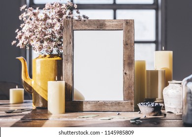 Wedding  wood Frame Mockup on dinning table with candles. - Powered by Shutterstock