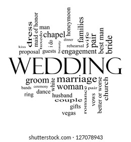 Wedding Word Cloud Concept in black and white with great terms such as dress, guests, couple, gifts, vows and more.