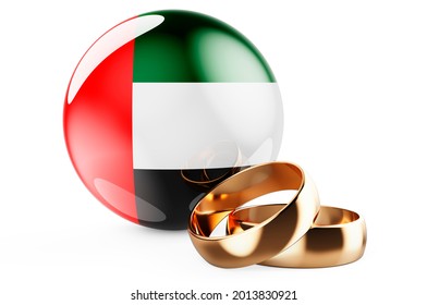 Weddings In The UAE Concept. Wedding Rings With The United Arab Emirates Flag. 3D Rendering Isolated On White Background