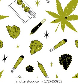 Weed background. Marijuana seamless pattern. Drug consumption, cannabis and smoking drugs. Fun doodle illustration of smoking equipment.