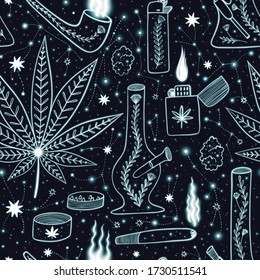 Weed Background. Seamless Pattern With Cannabis Equipment. Neon Glowing Cannabis Background.