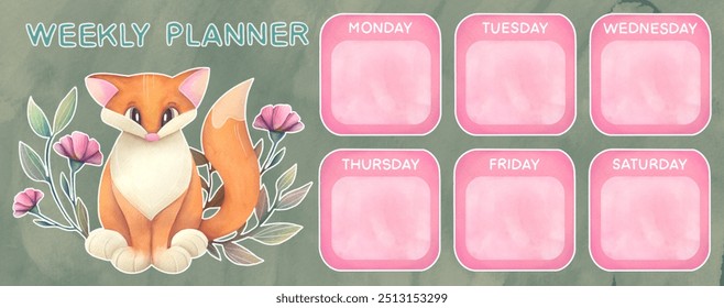 weekly or daily planner with empty copy space, school timetable, scheduler, organizer, diary template with cute fox, flowers illustration on pink, green background - Powered by Shutterstock