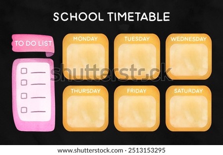 weekly or daily planner with empty copy space, school timetable, scheduler, organizer, diary template and to do list, black background