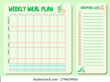 Weekly meal plan. Meal Plan for a week, calendar page, shopping list, water intake scheme. Diet plan page. Horizontal blank form. Illustration - Powered by Shutterstock