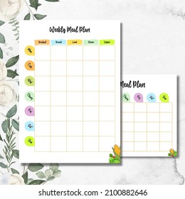 Weekly Meal Planner printable template. Easily plan out of your weekly meals for breakfast, brunch lunch, dinner and supper. Simple illustration design. - Powered by Shutterstock