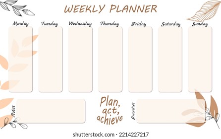 Weekly organizer, planner in pastel color with natural decor, motivational lettering, text. For organizing plans and motivation. - Powered by Shutterstock