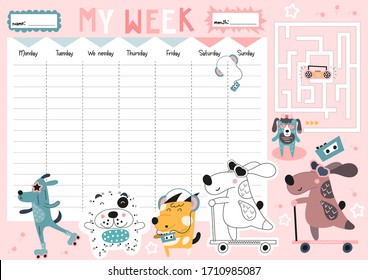 Weekly planner with cute funny dogs in doodle cartoon style. Included mini games - maze, dot to dot, coloring page. Kids schedule design template. illustration. - Powered by Shutterstock