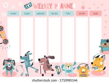 Weekly planner with cute funny dogs in doodle cartoon style. Kids schedule design template. illustration.
 - Powered by Shutterstock