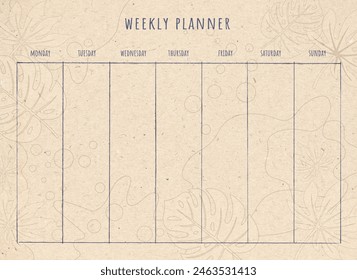 Weekly planner decorated with tropical exotic leaves and wavy lines and bubbles on recycled aged kraft paper background. Schedule for everyday. Planner template for companies and private use. - Powered by Shutterstock