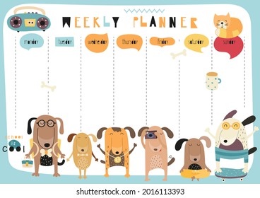 Weekly planner with funny dogs in doodle cartoon style. Kids schedule design template with pets. Kids illustration. - Powered by Shutterstock