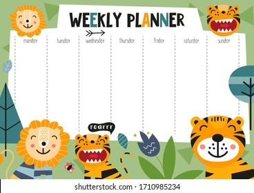 Weekly planner with funny jungle animals in doodle cartoon style. Kids schedule design template. illustration. - Powered by Shutterstock