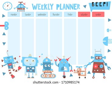 Weekly planner with funny robots and transformers in doodle cartoon style. Kids schedule design template. illustration.

 - Powered by Shutterstock