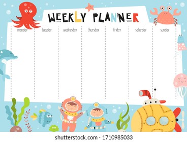 Weekly planner with funny underwater animals, submarine, diver and fishes in doodle cartoon style. Kids schedule design template. illustration. - Powered by Shutterstock