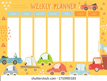 Weekly planner with Kids transport collection in doodle cartoon style. Kids schedule design template. illustration. - Powered by Shutterstock