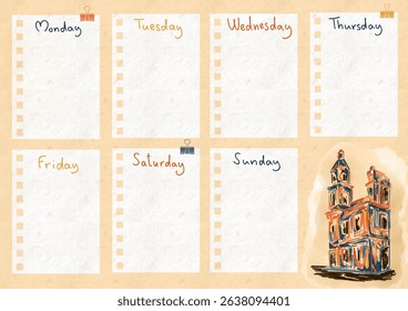 Weekly planner. Note sheets. To do list. In beige with an illustration of a building. Diary