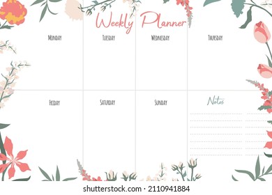 Weekly planner template with cute pink flowers, themed blank, personal organizer. Journal page layout design - Powered by Shutterstock