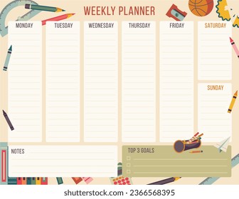 Weekly planner. Vector illustrations, back to school items. One week organisation. Visualisation