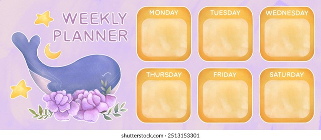 Weekly planner with whale illustration. cute school timetable or schedule template with empty copy space, purple background. diary, To-do list concept in notebook. watercolor hand drawn banner - Powered by Shutterstock