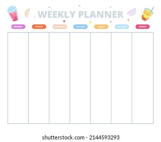 Weekly Planning Template. Week Schedule, School Study Plan. Cute Page For Diet Diary. Timetable Planner, Children Or Student Notes Paper, Utter Poster