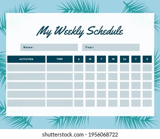 weekly schedule. weekly planner. to do activities. class schedule. personal schedule. work schedule. planning concept.