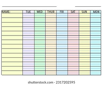 Weekly Work, Shift, Employee, Manager Schedule.  Beginning on Tuesday