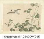Wegvliegende vogel bij klimplant met roze bloemen (1892) by Matsumura Keibun, Aoki Kosaburo and Aoki Kosaburo. Vintage Japanese artwork. Japanese scene in old painting and artwork.