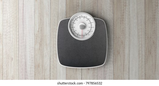 Weight control concept. Bathroom scale machine isolated on wooden background, top view, banner. 3d illustration