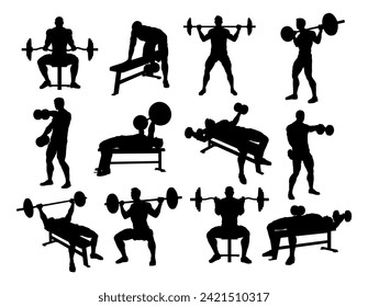 A weight lifting muscle man or bodybuilder weightlifting weights in silhouette set - Powered by Shutterstock