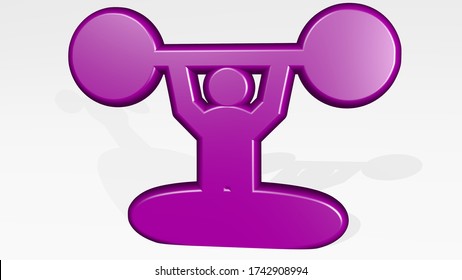 weight lifting sign from a perspective on the wall. A thick sculpture made of metallic materials of 3D rendering