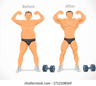 Weight loss. Man before and after fitness. Man weight loss, muscular guy after lose weight
