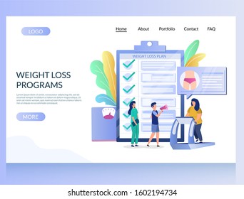 Weight loss programs website template, web page and landing page design for website and mobile site development. Healthy diet and exercise plan concept.