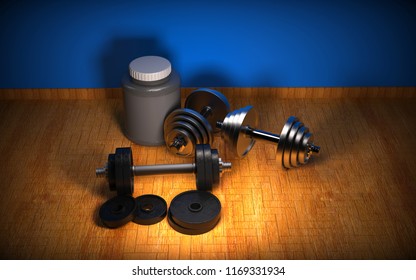 Weights on floor. 3D rendering.