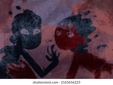 Weird Children Character Paint On Grunge Stone Wall,, Illustration With Expressionism. Wall Art, Mural Background Grunge Painting, Subtle Color. Modern Art For Poster, Art Industry And Book