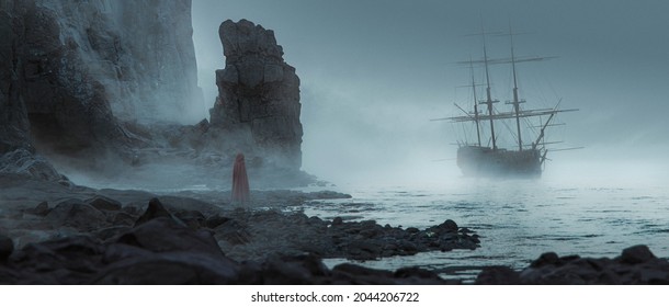 weird figure standing near the ocean on a sandstone beach looking at a ghost ship approaching the coast in a mist cloudly day foreground out of focus - concept art - 3D rendering 