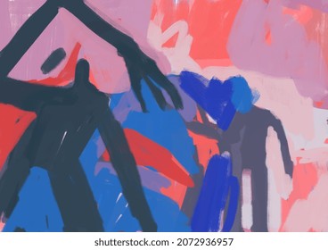 Weird People Abstract Shapes Monochromatic Pink And Purple, Concept, Realism And Abstraction. Esthetic Gouache Painting With Saturated Color. Illustration For Poster, Art Industry And Book