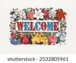 Welcome (1873) aesthetic lithograph by Currier  Ives. Flower illustration. Vintage floral botanical art drawing illustration, old painting art print of floral flower frame with welcome text.