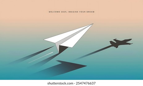 Welcome 2025 text with aircraft shape white paper for design, greeting card or background  - Powered by Shutterstock