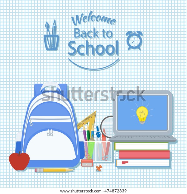 Welcome back to school. Creativity and\
science concept background. Knapsack, books, apple, pencil,\
dividers, marker, open laptop with icon idea. School supplie.\
Illustration on checkered\
background.