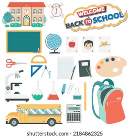 Welcome Back To School. Flat Graphic Design Set Of School Supplies With Stationary, Flask, Compasses, Microscope, Scissors, Palette. First Day With School Bus Isolated On White Background