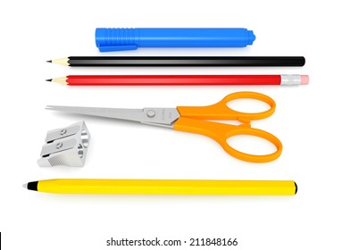 Welcome back to school set or items on office desk - 3d render on white background with cutting path