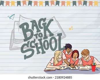 Welcome Back To School Text Image With School Stuff And Elements.  Illustration Of A Banner Or Pamphlet.