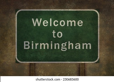 Welcome to Birmingham roadside sign illustration, with distressed ominous background